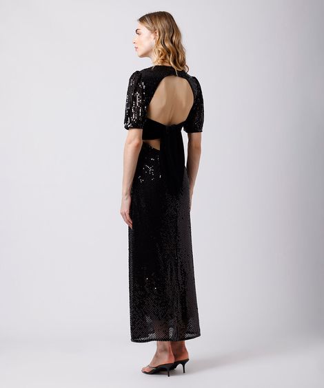 vestido midi feminino de paetê com amarração mindset preto