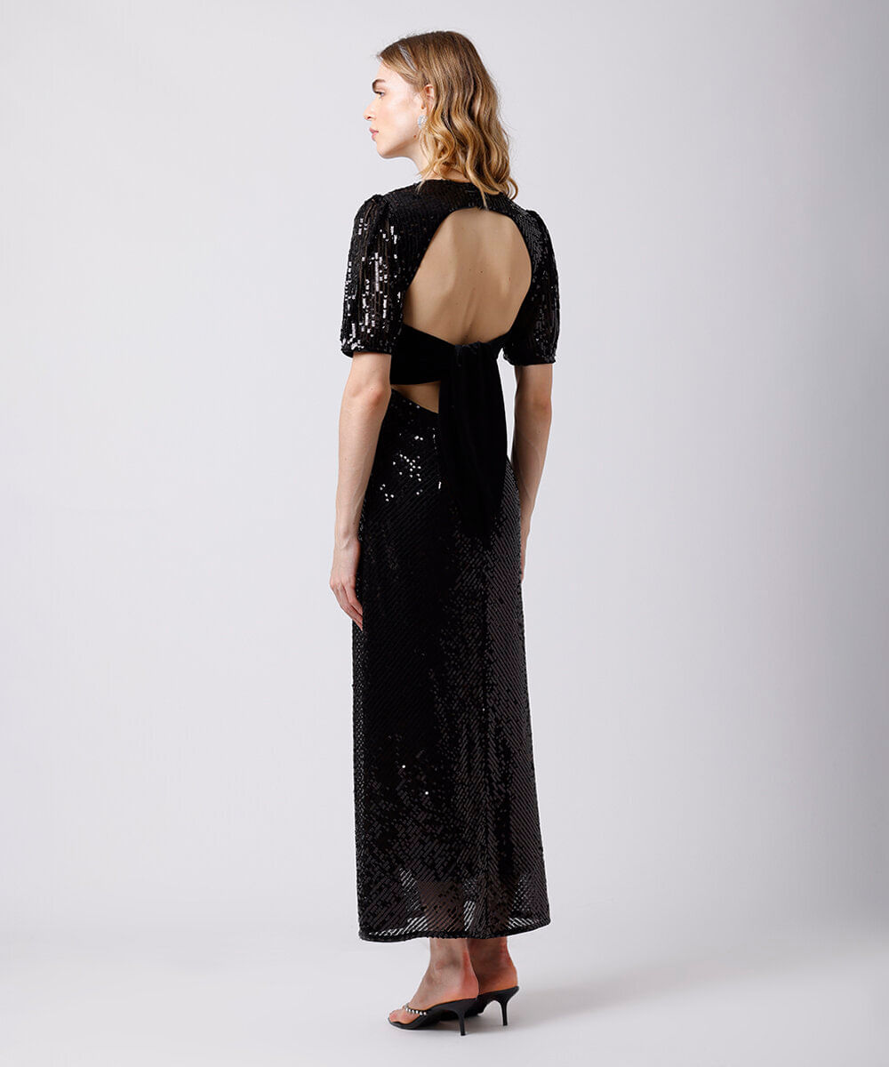 vestido midi feminino de paetê com amarração mindset preto