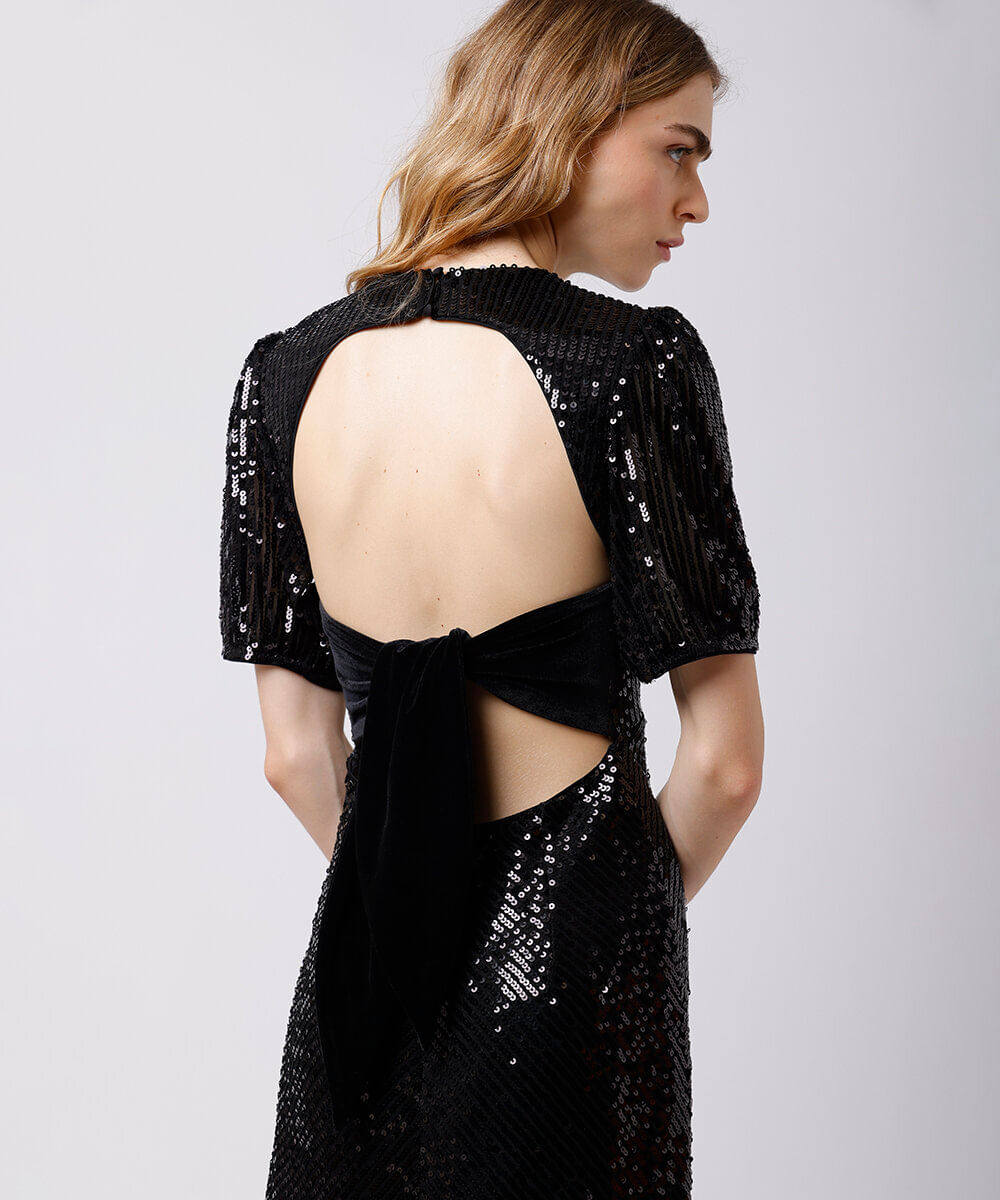 vestido midi feminino de paetê com amarração mindset preto