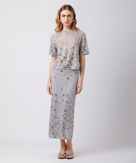 saia midi feminina de paetê com fenda mindset prateada