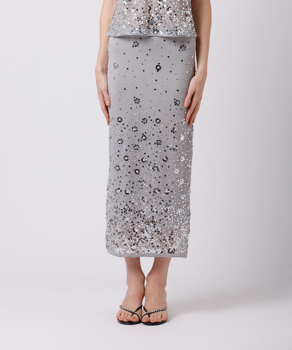 saia midi feminina de paetê com fenda mindset prateada