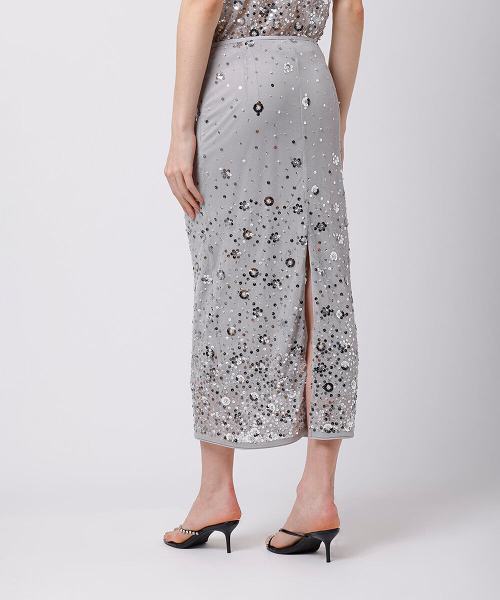 saia midi feminina de paetê com fenda mindset prateada