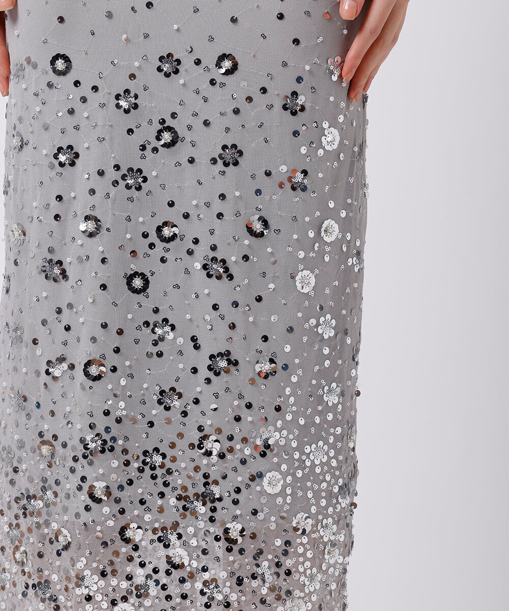 saia midi feminina de paetê com fenda mindset prateada