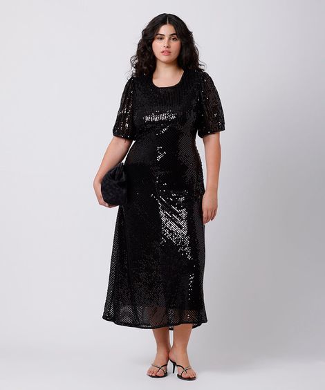 vestido midi feminino de paetê com amarração mindset plus size preto