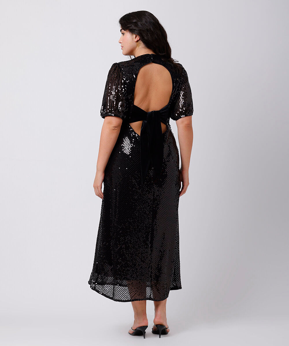 vestido midi feminino de paetê com amarração mindset plus size preto
