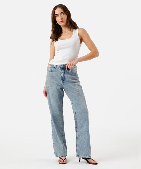 calça wide leg slim feminina jeans cintura média com brilhos azul