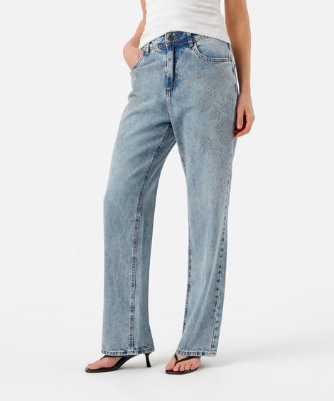 calça wide leg slim feminina jeans cintura média com brilhos azul