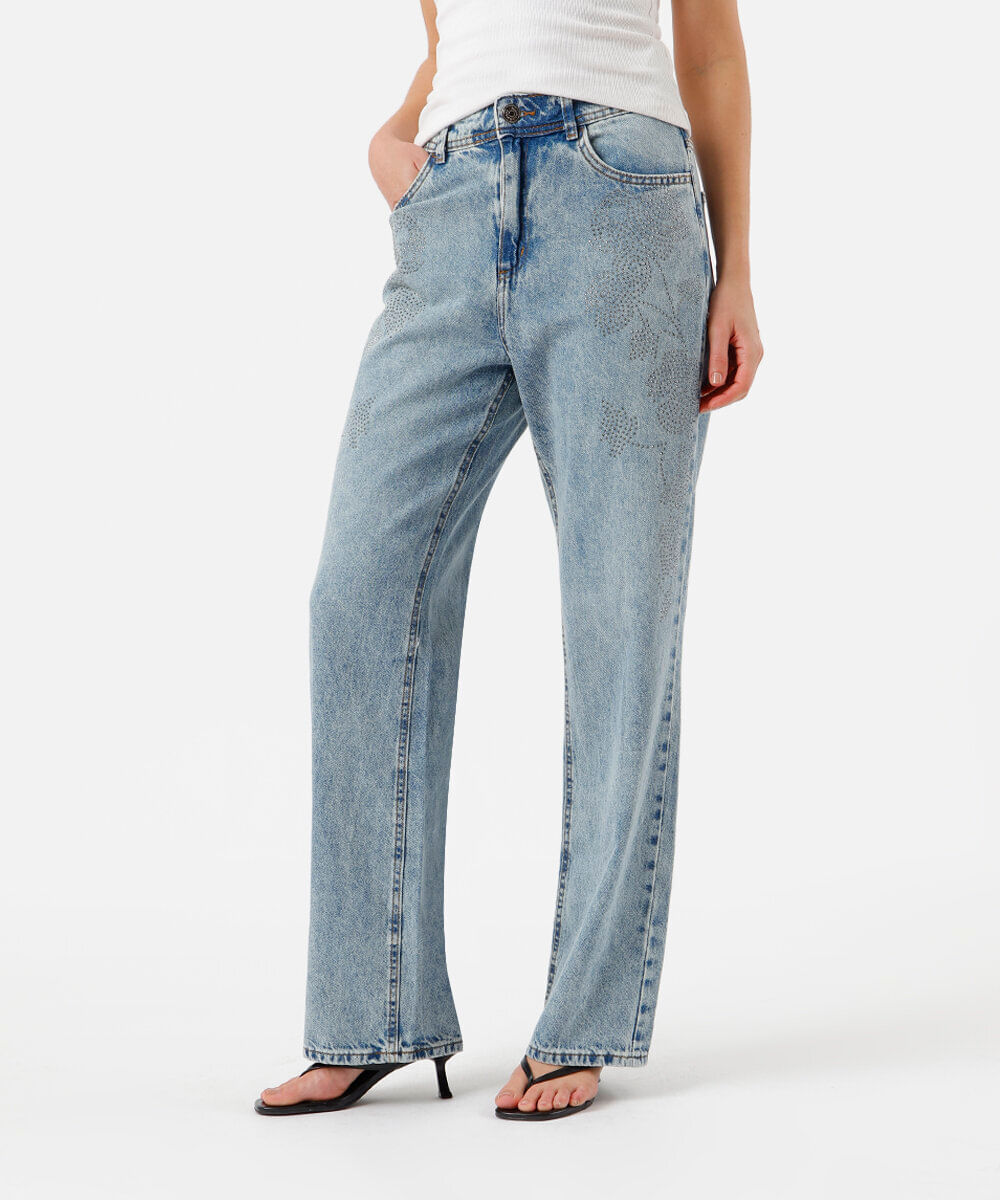 calça wide leg slim feminina jeans cintura média com brilhos azul