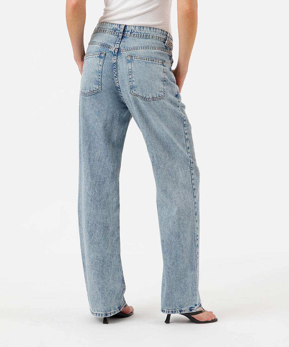 calça wide leg slim feminina jeans cintura média com brilhos azul