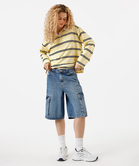 bermuda jorts feminina jeans com bolsos cargo azul