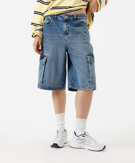 bermuda jorts feminina jeans com bolsos cargo azul