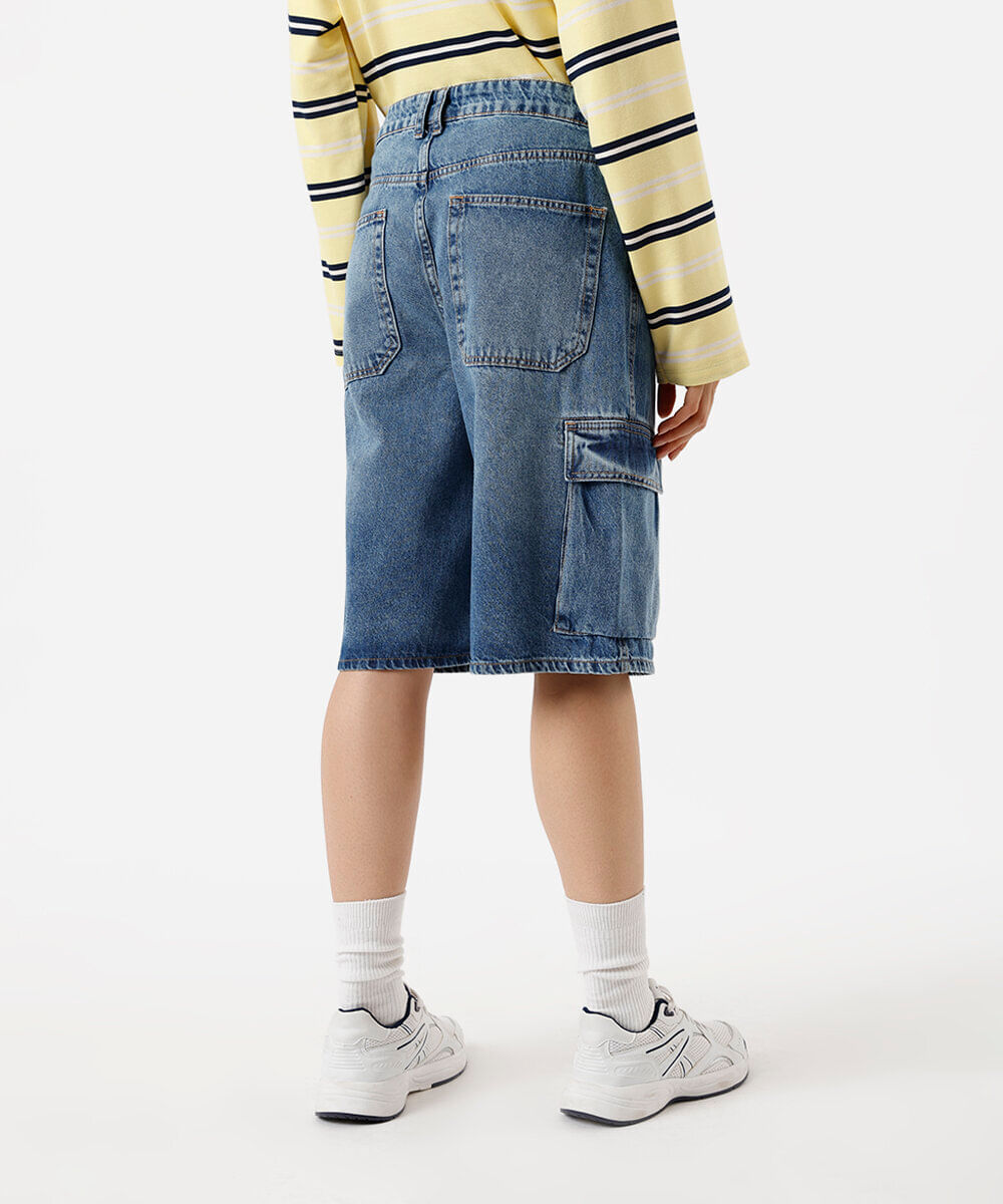 bermuda jorts feminina jeans com bolsos cargo azul