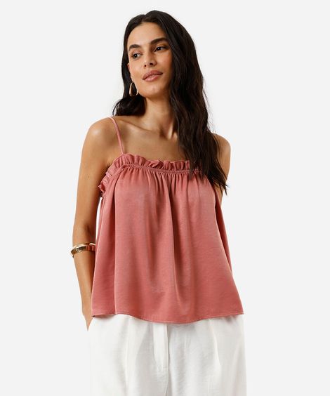 blusa feminina franzida alça fina acetinada rosa