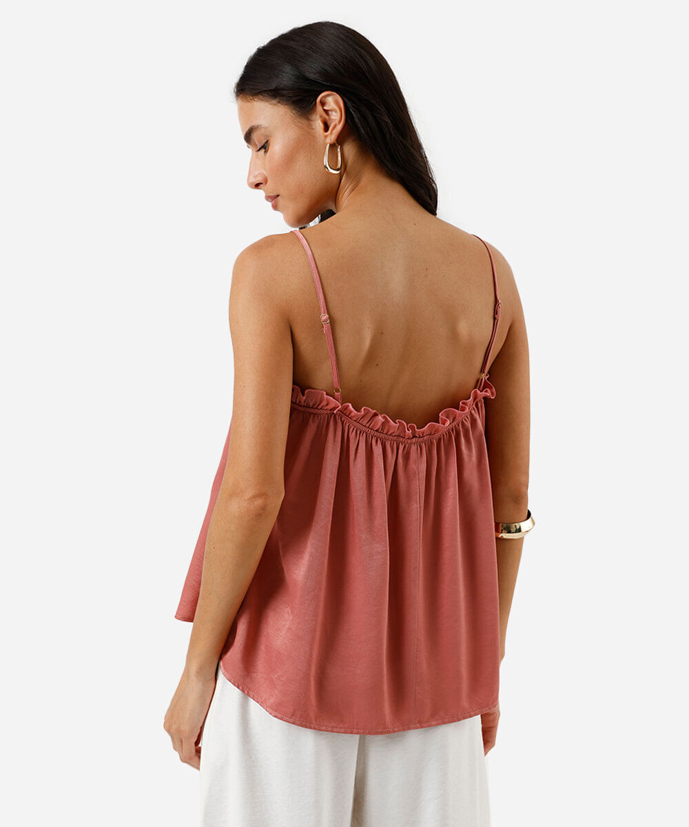 blusa feminina franzida alça fina acetinada rosa