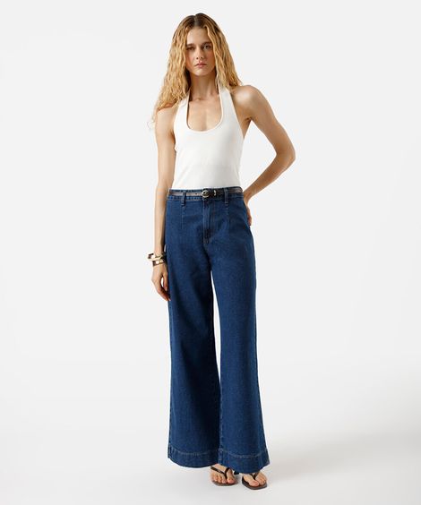 calça wide leg slim feminina jeans com cinto azul