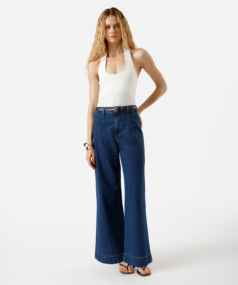 calça wide leg slim feminina jeans com cinto azul