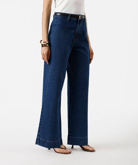 calça wide leg slim feminina jeans com cinto azul