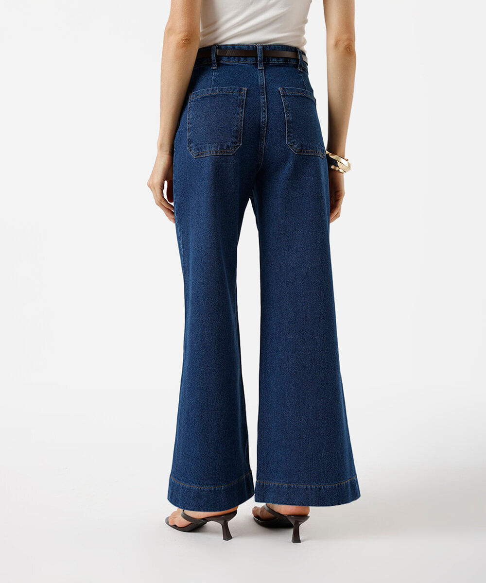 calça wide leg slim feminina jeans com cinto azul