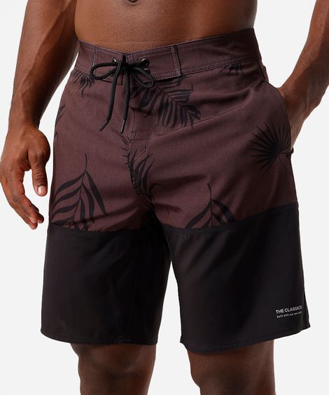 short boardshort masculino com recorte folhagens marrom