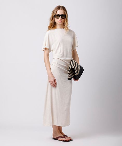 vestido midi feminino com linho e pregas mindset bege