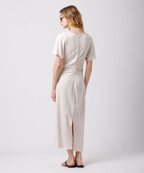 vestido midi feminino com linho e pregas mindset bege