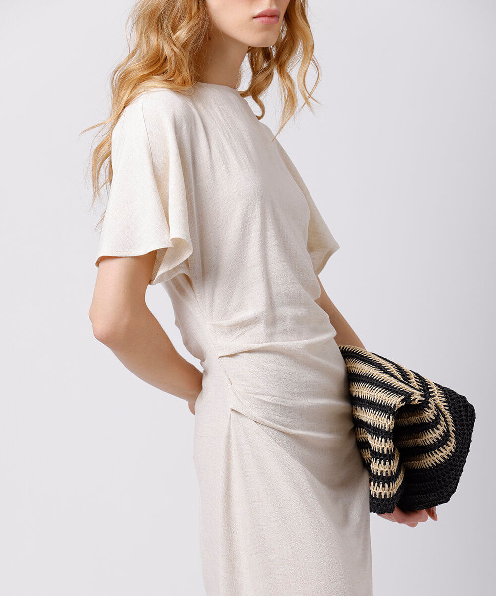 vestido midi feminino com linho e pregas mindset bege