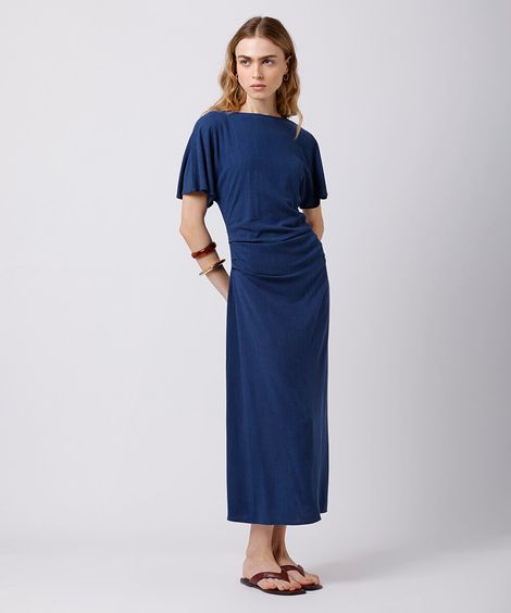 vestido midi feminino com linho e pregas mindset azul