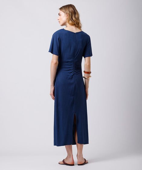 vestido midi feminino com linho e pregas mindset azul