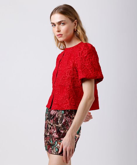 blusa feminina de jacquard manga bufante floral mindset vermelha
