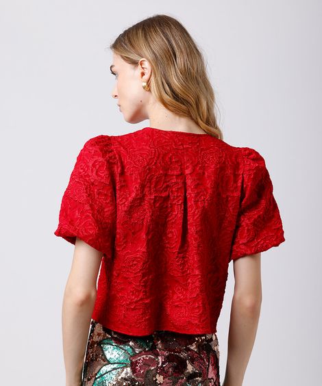 blusa feminina de jacquard manga bufante floral mindset vermelha