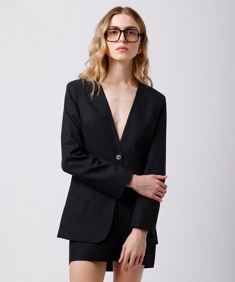 blazer de alfaiataria feminino com linho mindset preto