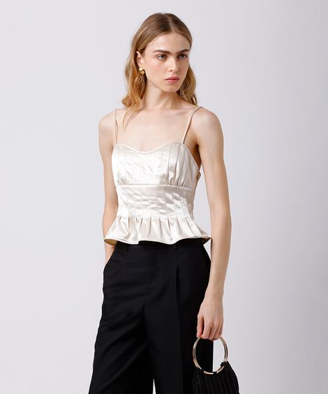 cropped peplum alça fina feminino com pregas acetinado mindset bege