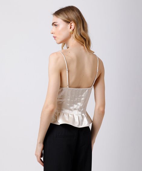 cropped peplum alça fina feminino com pregas acetinado mindset bege