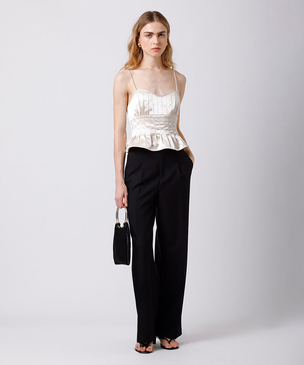 cropped peplum alça fina feminino com pregas acetinado mindset bege