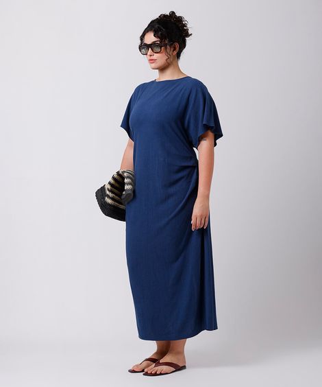 vestido midi feminino com linho e pregas mindset plus size azul