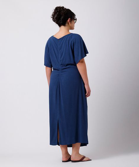 vestido midi feminino com linho e pregas mindset plus size azul