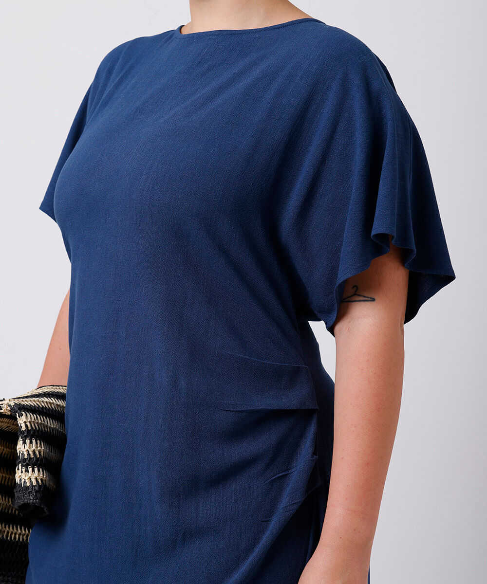 vestido midi feminino com linho e pregas mindset plus size azul