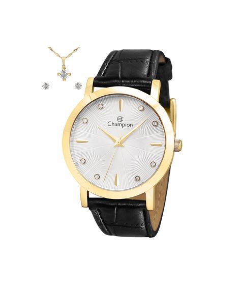kit relógio feminino champion analógico cn24226y dourado