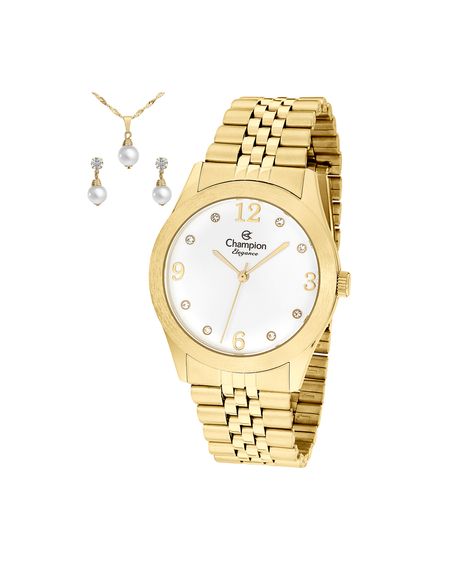 kit relógio feminino champion analógico cn25298w dourado