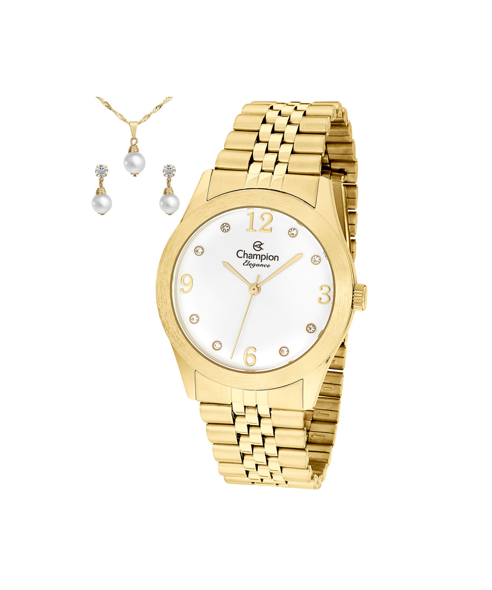 kit relógio feminino champion analógico cn25298w dourado