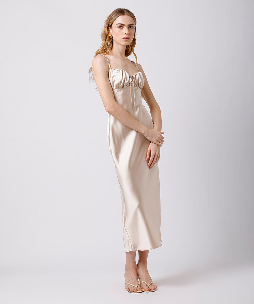 vestido midi alça fina feminino acetinado mindset bege