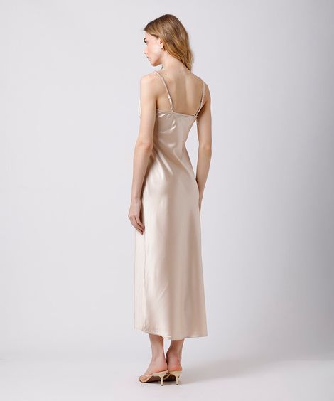 vestido midi alça fina feminino acetinado mindset bege