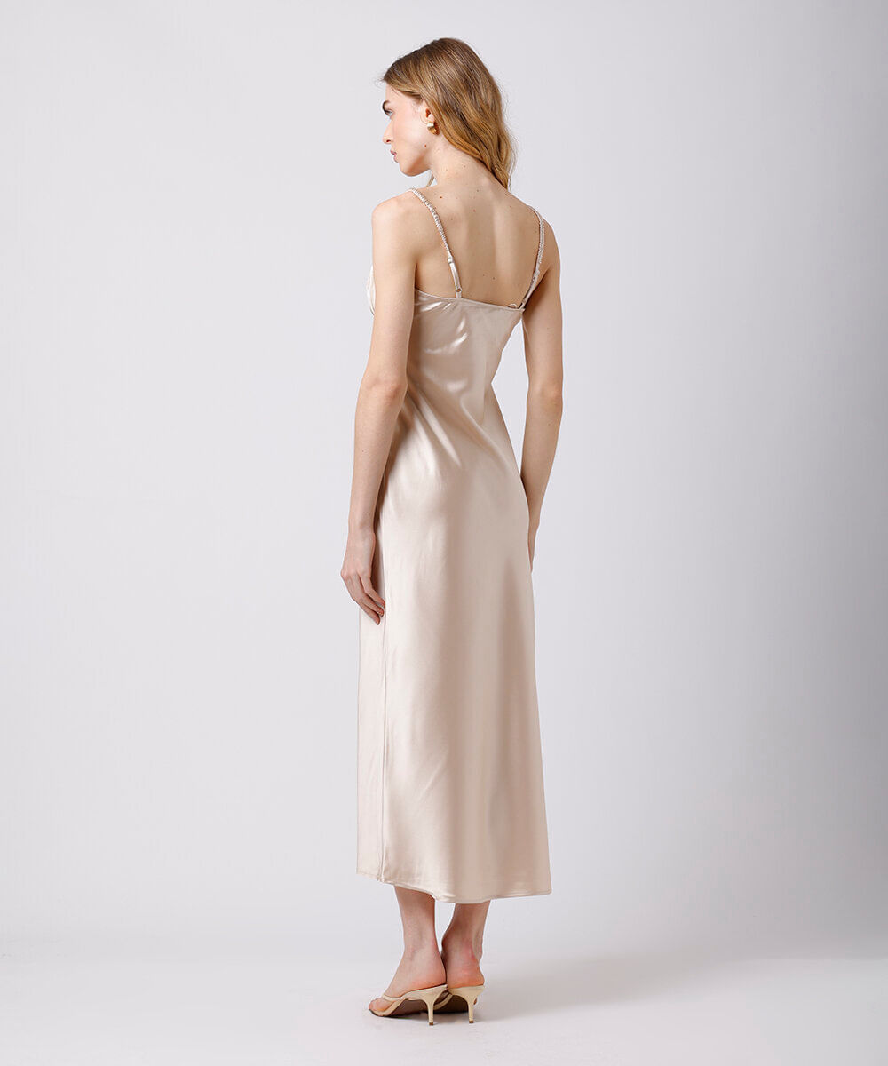 vestido midi alça fina feminino acetinado mindset bege