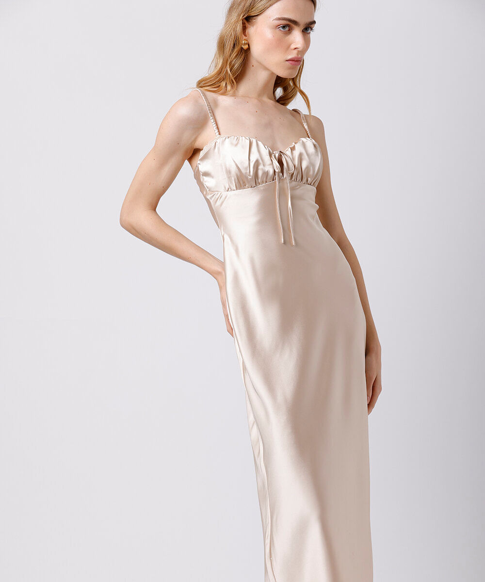 vestido midi alça fina feminino acetinado mindset bege