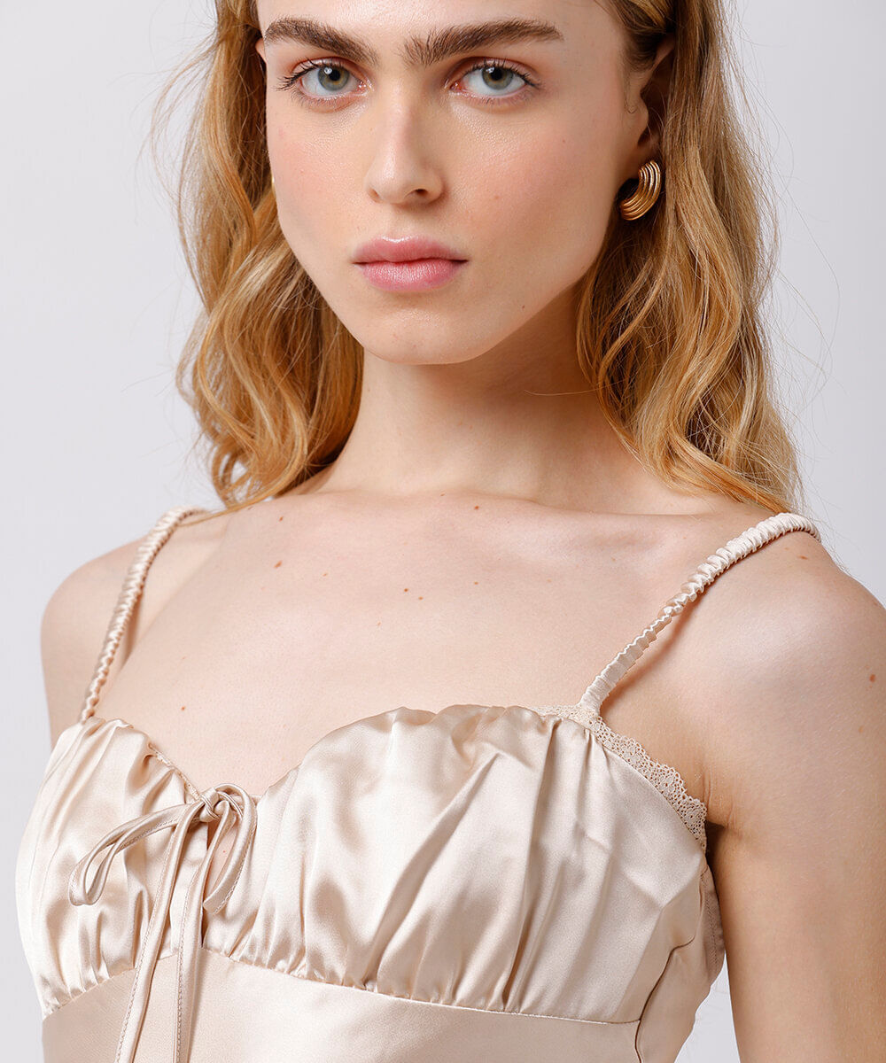 vestido midi alça fina feminino acetinado mindset bege