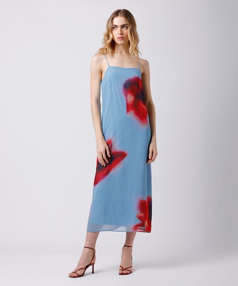 vestido midi alça fina feminino floral mindset azul