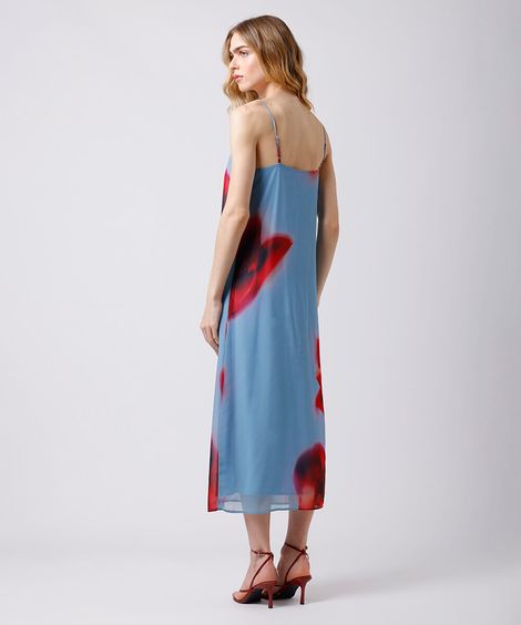 vestido midi alça fina feminino floral mindset azul