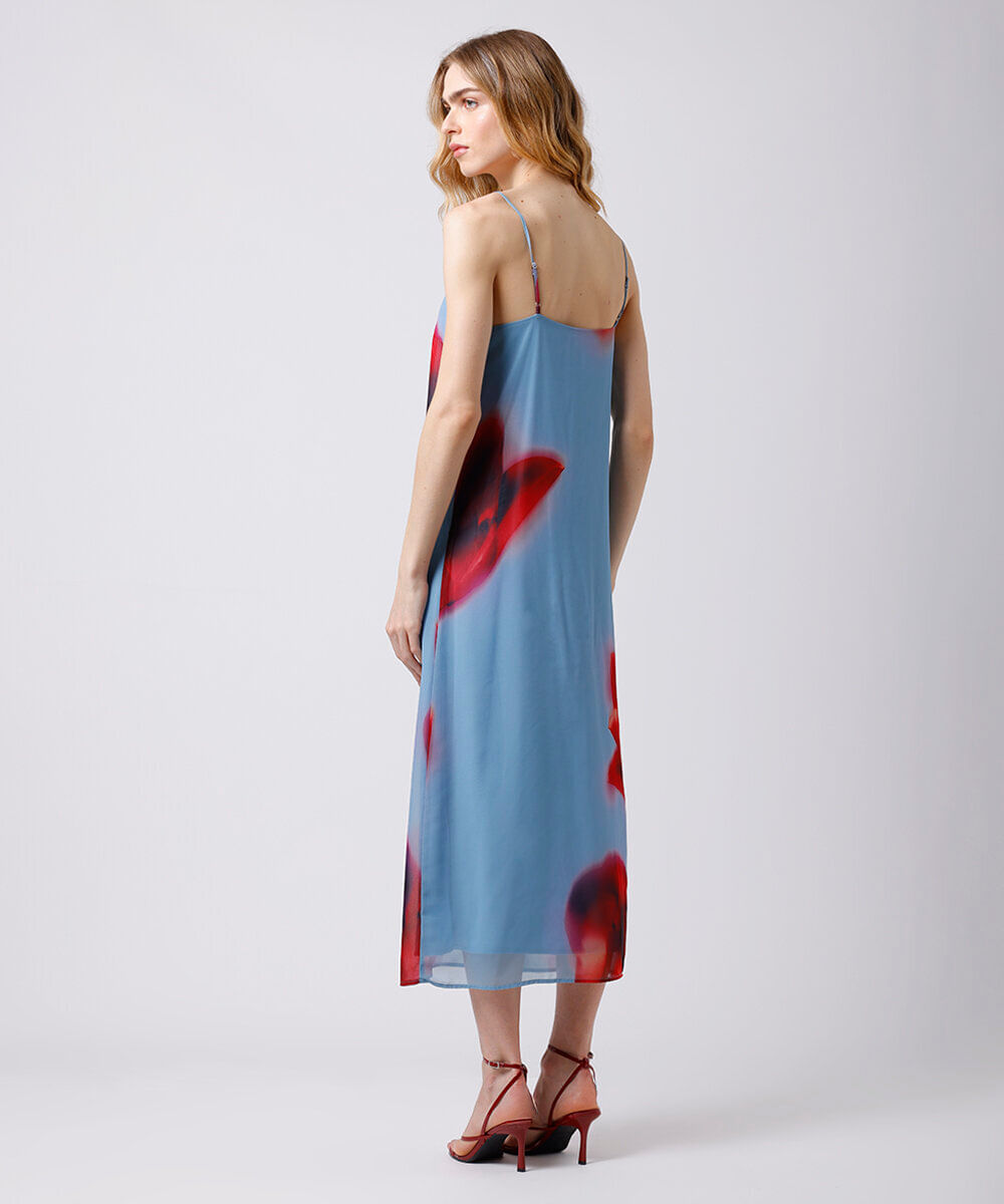 vestido midi alça fina feminino floral mindset azul
