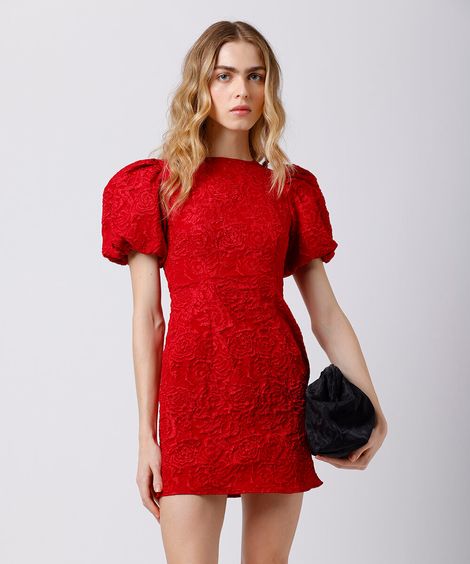 vestido curto feminino de jacquard manga bufante floral mindset vermelho