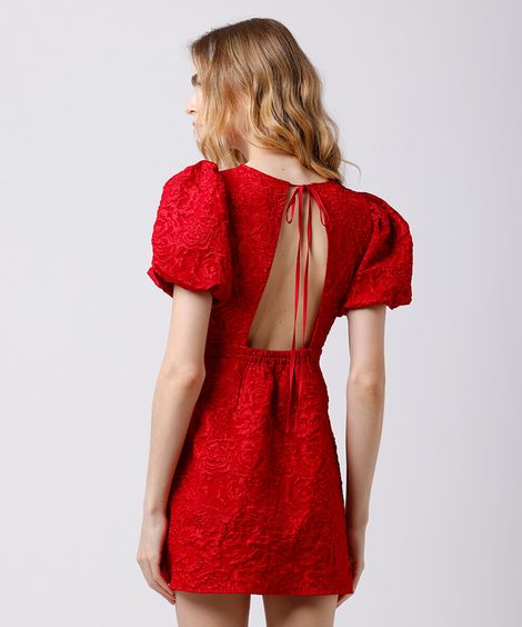 vestido curto feminino de jacquard manga bufante floral mindset vermelho